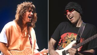 LEFT: Eddie Van Halen performs at Shoreline Amphitheatre on August 20, 1993 in Mountain View, California. RIGHT Joe Satriani during G3 Europe 2004 - Joe Satriani, Steve Vai and Robert Fripp - July 1, 2004 at Palais des Congres in Paris. 