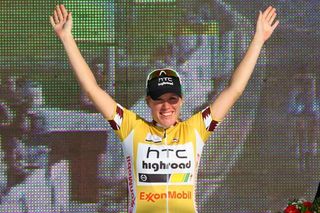 The 2011 Ladies Tour of Qatar winner, Ellen van Dijk (HTC-HighRoad) on the podium in Doha