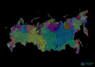 Russia's three major Arctic-draining river basins are on display in this colorful map from Grasshopper Geography. The Lena, the easternmost, is in light blue. In teal, to its west, is the Yenisei, the largest river system that feeds into the Arctic. To th