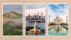 Great Wall of China, Statue of Liberty with city in background and Taj Mahal on a beige background