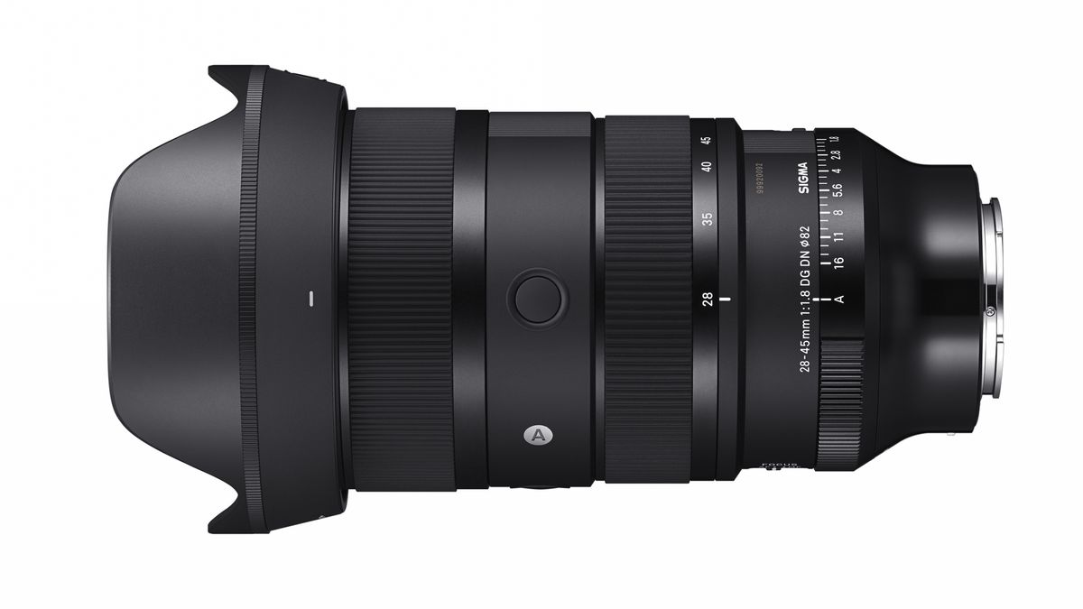 Sigma 28-45mm f/1.8 DG DN lens against a white background