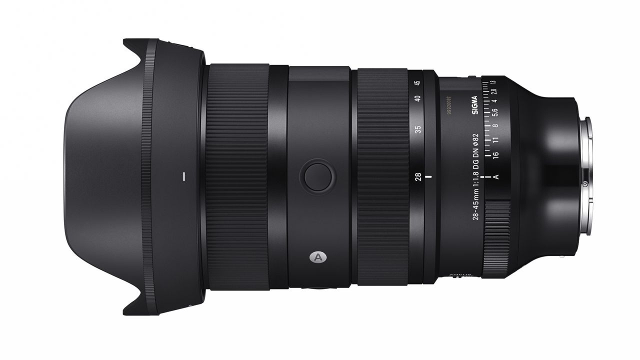 Sigma 28-45mm f/1.8 DG DN lens against a white background