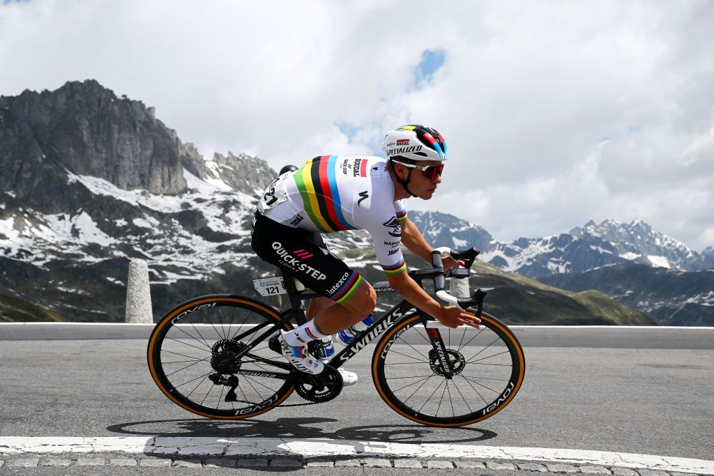 LA PUNT SWITZERLAND JUNE 15 Remco Evenepoel of Belgium and Team Soudal QuickStep competes during the 86th Tour de Suisse 2023 Stage 5 a 211km stage from Fiesch to La Punt 1696m UCIWT on June 15 2023 in La Punt Switzerland Photo by Dario BelingheriGetty Images