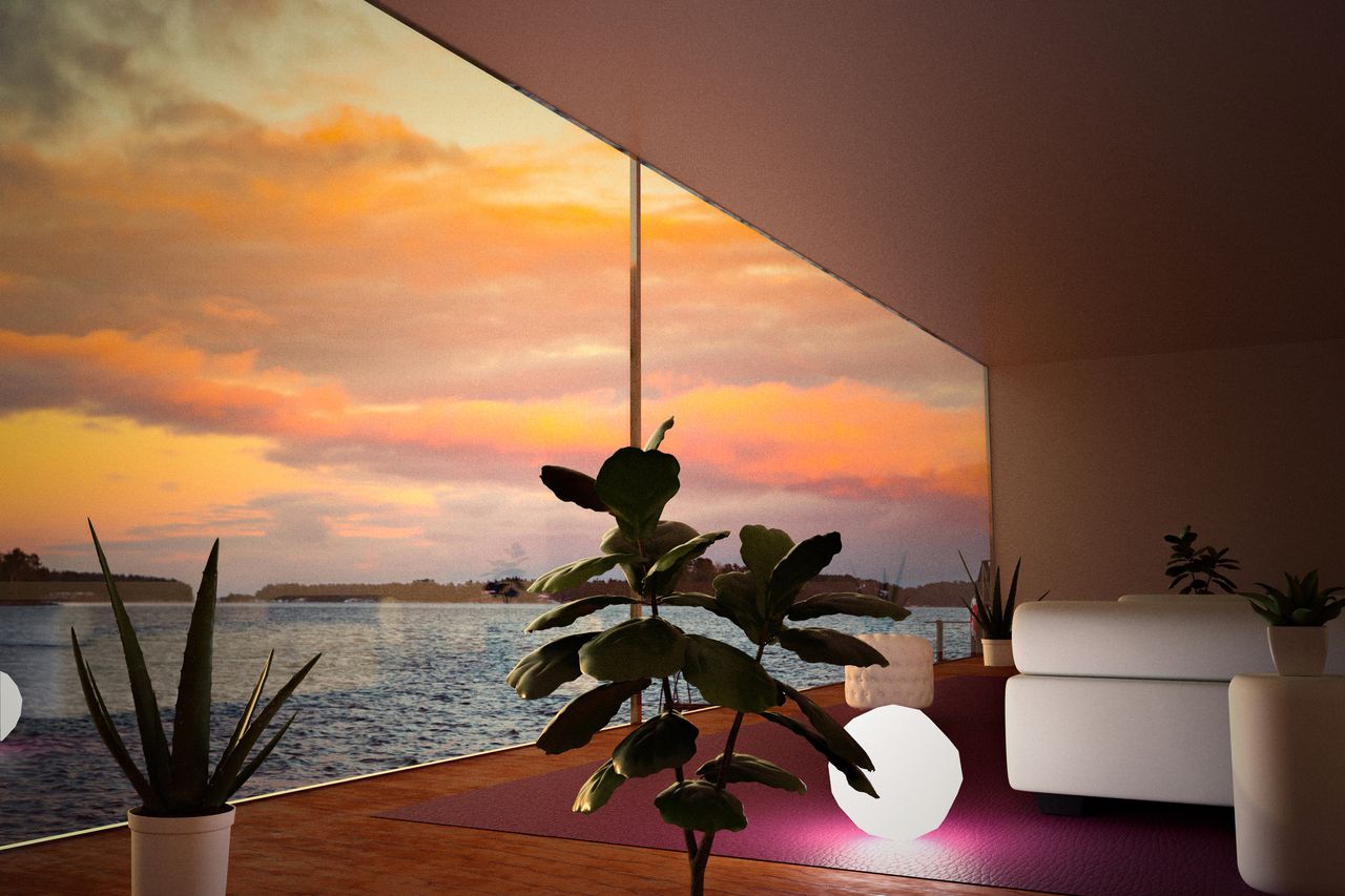 Architecture picture from modern house with big window and stunning views of seascape sunset, lamps