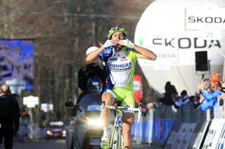 Vincenzo Nibali (Liquigas-Cannondale) wins alone atop the Prati di Tivo climb.