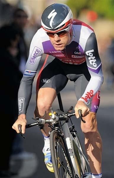 Cadel Evans (Silence-Lotto) rides to a win in the opening time trial.