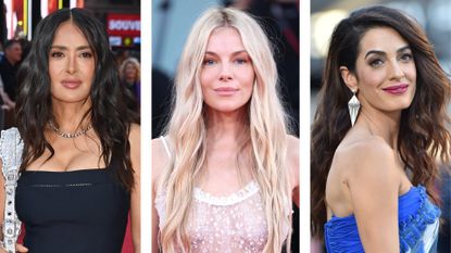 Collage of Salma Hayek, Sienna Miller and Amal Clooney with hair styled with soft beachy waves