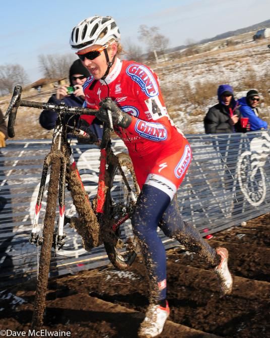 Meredith Miller (California Giant Berries/Specialized) racing in second place on lap three