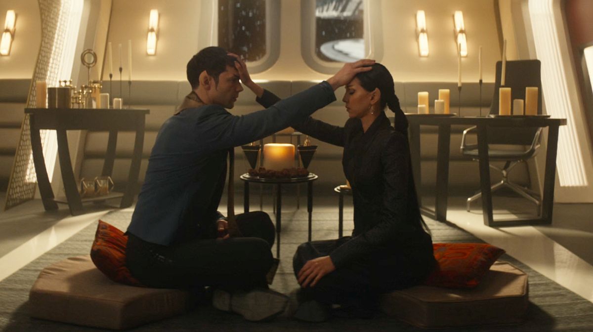  &quot;Star Trek: Strange New Worlds&quot; Season 1, episode 5 &quot;Spock Amok&quot; still with Spock and T&#039;Pring.