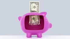 A dollar bill goes through a shredder as it enters the slot on the top of a pink piggy bank. 