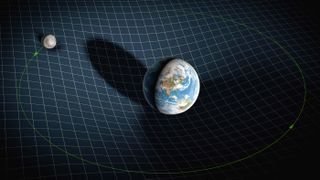 Earth curves space-time so that you fall toward Earth instead of away from it.