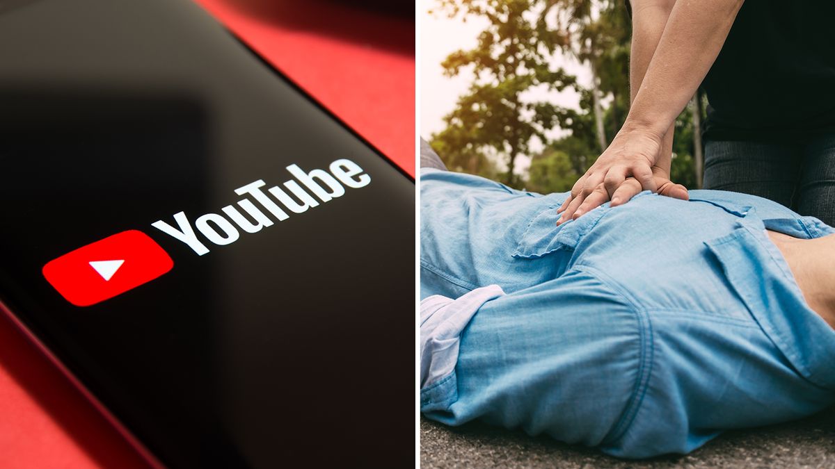 A comp image with a photo of the YouTube app open on a smartphone, next to an image of someone performing CPR