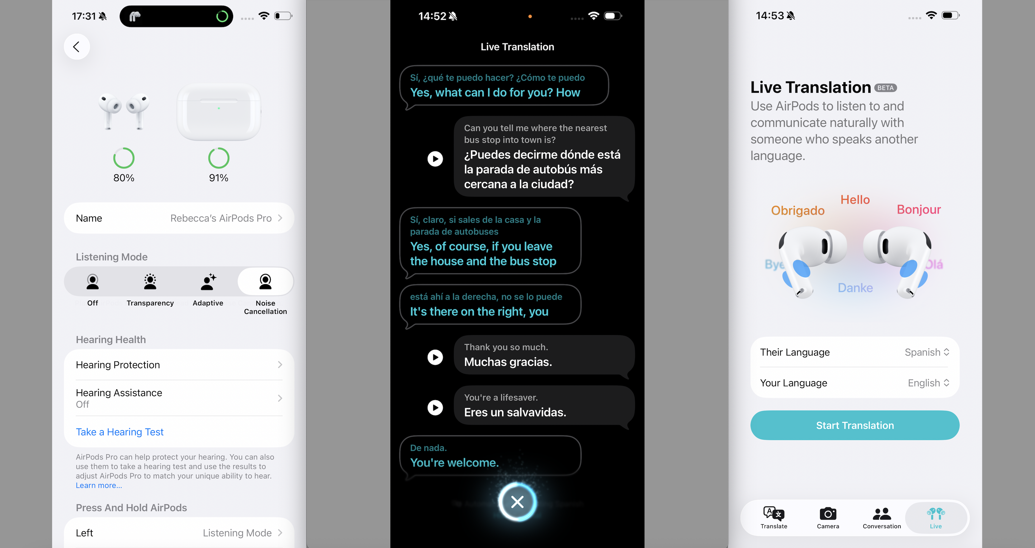 Three screen grabs from iPhone using AirPods Pro 3, one showing the live translation feature
