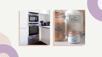 Compilation image showing a white kitchen with integrated ovens and jars of kitchen ingredients to supper at guide on how to clean on oven with baking soda