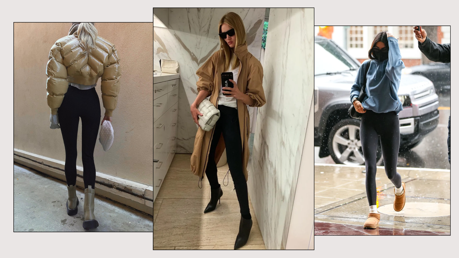 A collage of the best celebrity ankle boots and leggings outfits.