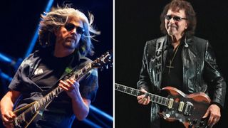 Adam Jones [Left] wears sunglasses and plays his signature Gibson Flying V as he performs with Tool; [Right] Tony Iommi of Black Sabbath is pictured in a black leather jacket with his customary SG with cross inlays.