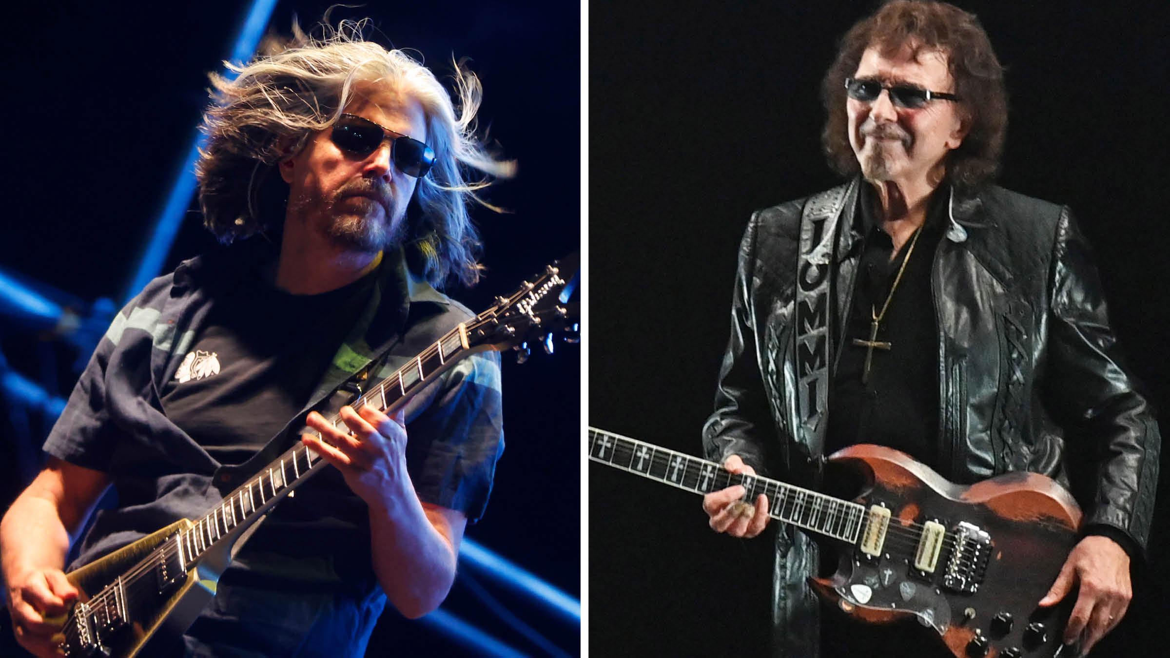 Adam Jones [Left] wears sunglasses and plays his signature Gibson Flying V as he performs with Tool; [Right] Tony Iommi of Black Sabbath is pictured in a black leather jacket with his customary SG with cross inlays.