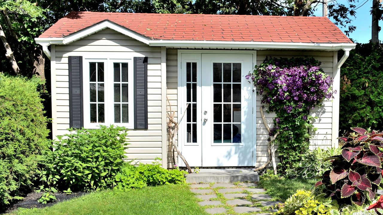 garden shed with plants including clematis