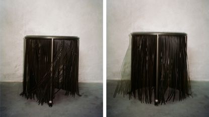 fringed leather tables by Dozie Kanu for Knoll
