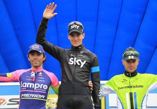 Ben Swift on the podium after winning stage 1 at the Coppi e Bartali race
