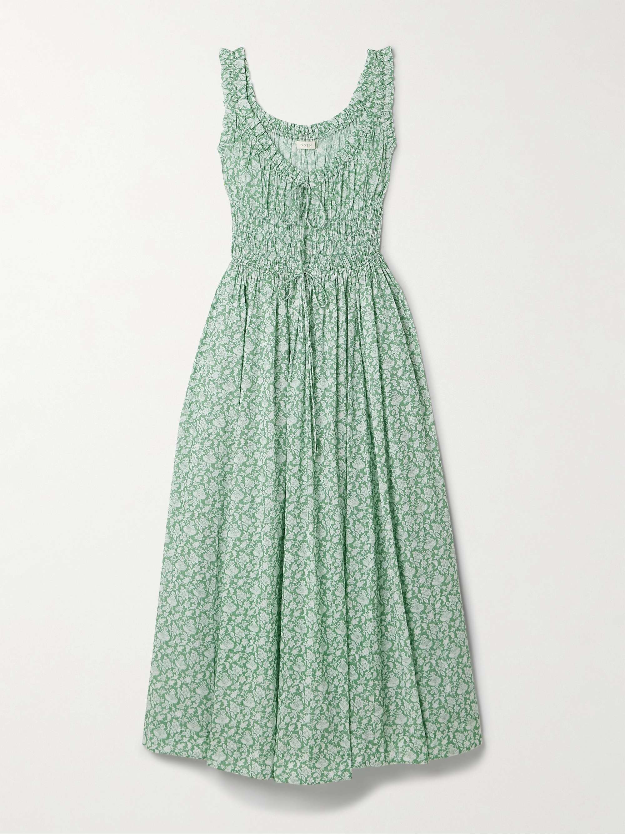 Emmaretta Tie-Detailed Shirred Floral-Print Organic Cotton-Voile Midi Dress