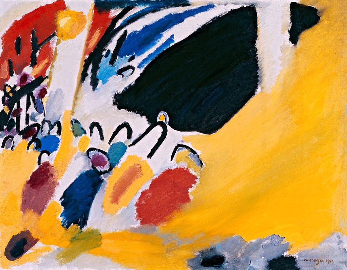 An abstract painting in yellow, red, blue, white, and black.