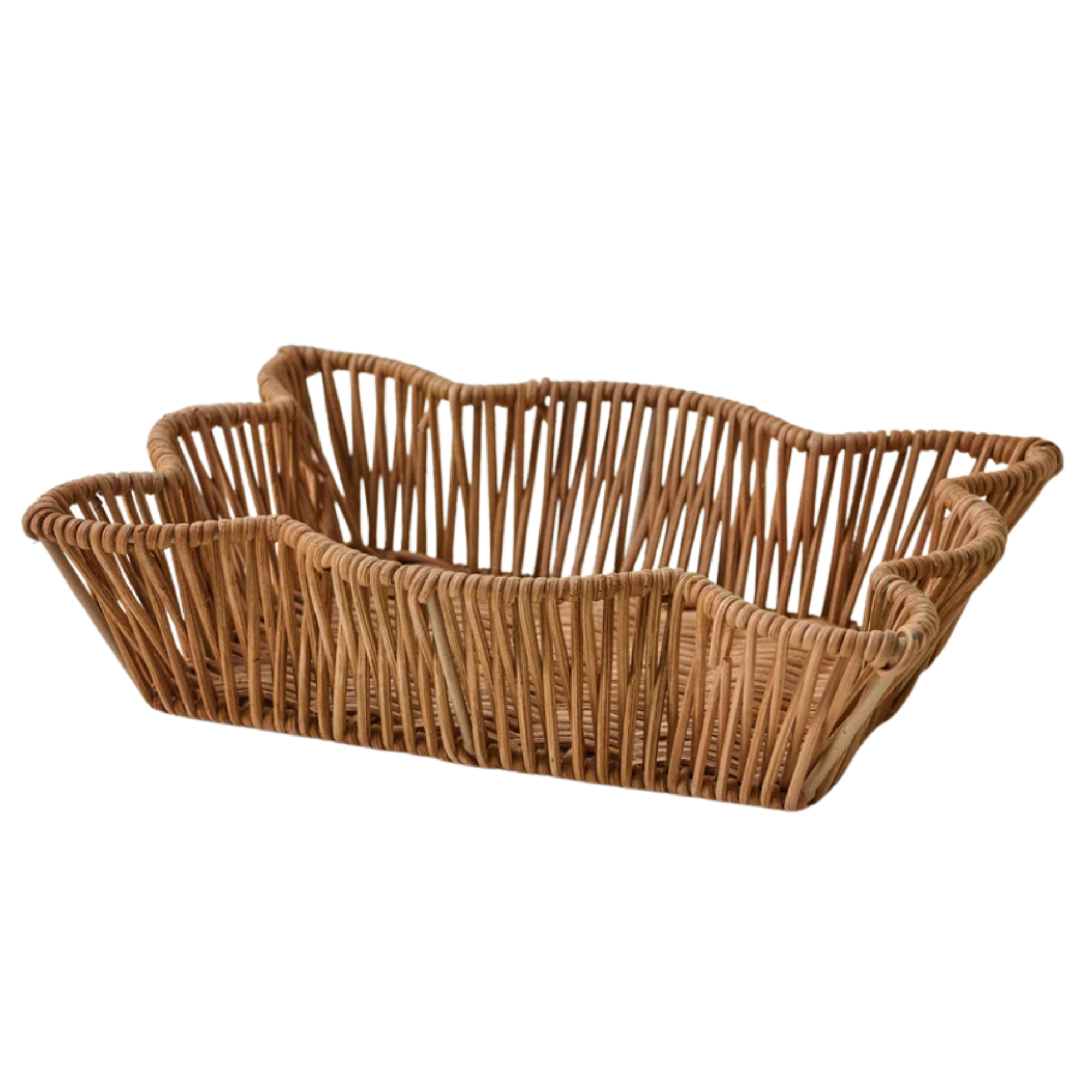 a woven basket with a scallop rim