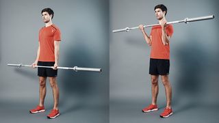 Man demonstrates two positions of the curl exercise using an empty Olympic barbell