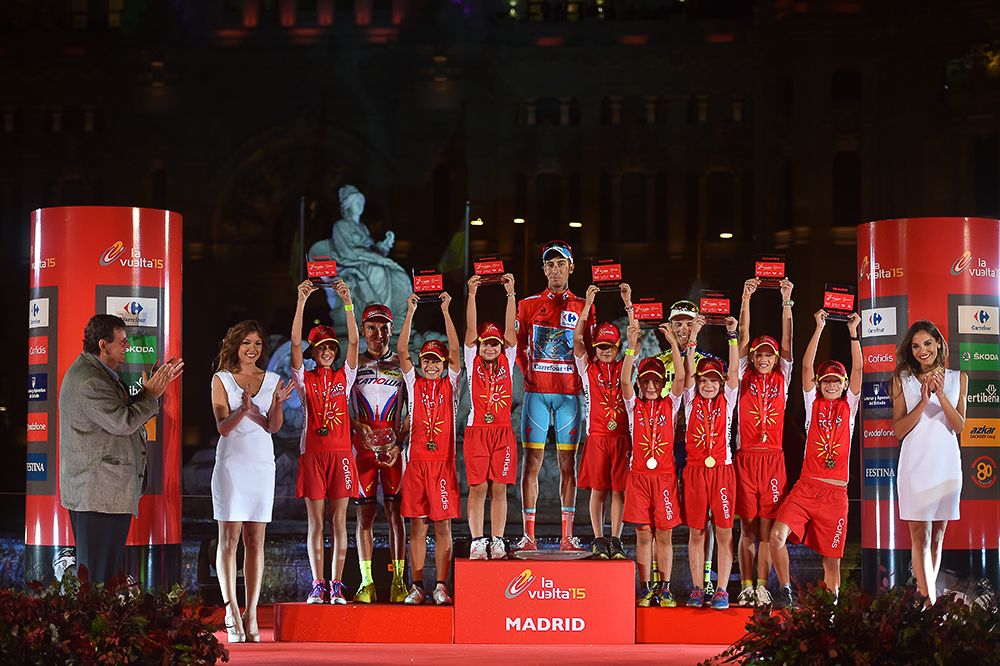 The 2015 Vuelta a Espana podium: (from left) Joaquim Rodriguez, Fabio Aru and Rafal Majka.