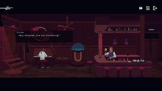 A bartender talks to a piano player in The Red Strings Club, one of the best cyberpunk games