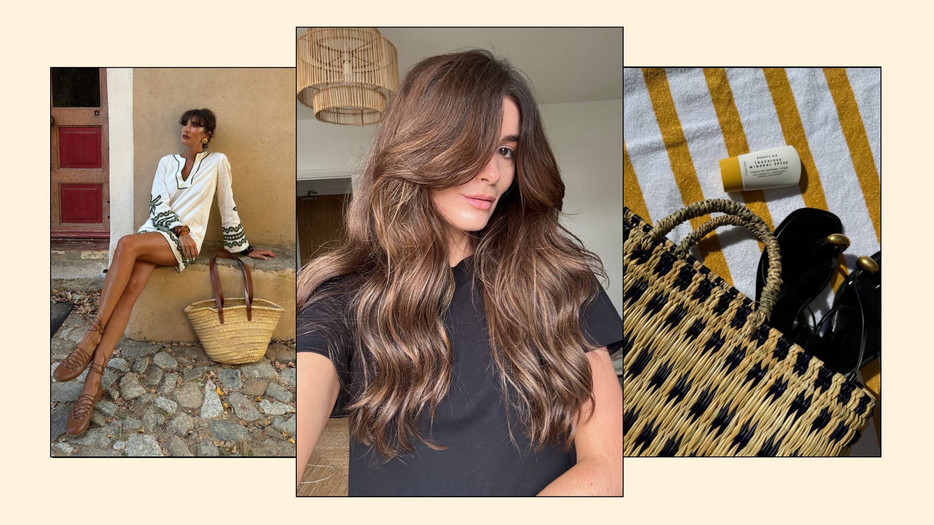 Collage of influencer with a raffia bag, a selfie of beauty editor Eleanor after having a raffia bronde balayage hair colour transformation and a photo of a basket bag on a stripy beach towel