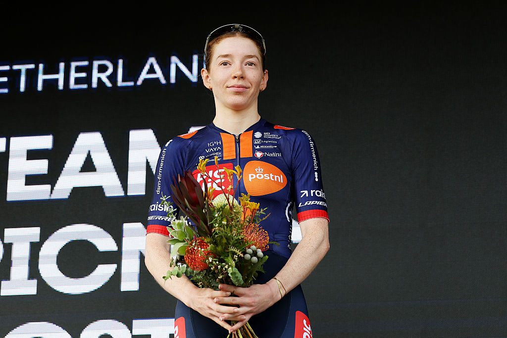 GEELONG, AUSTRALIA - JANUARY 31: Josie Nelson of United Kingdom and Team Picnic PostNL celebrates at podium as second place winner during the 10th Mapei Cadel Evans Great Ocean Road Race 2026, Women&amp;apos;s Elite a 141.2km one day race from Geelong to Geelong / #UCIWWT / on January 31, 2026 in Geelong, Australia. (Photo by Con Chronis/Getty Images)