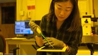 A shot of a Caltech student working in their nano-fabrication lab.