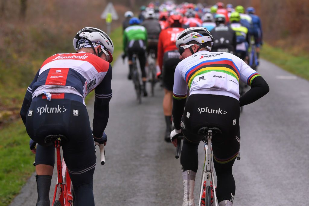 LA CHATRE FRANCE MARCH 10 Ryan Mullen of Ireland and Team Trek Segafredo Mads Pedersen of Denmark and Team Trek Segafredo Rain Raincoat Detail view during the 78th Paris Nice 2020 Stage 3 a 2125km stage from ChalettesurLoing to La Chtre ParisNice parisnicecourse PN on March 10 2020 in La Chatre France Photo by Luc ClaessenGetty Images
