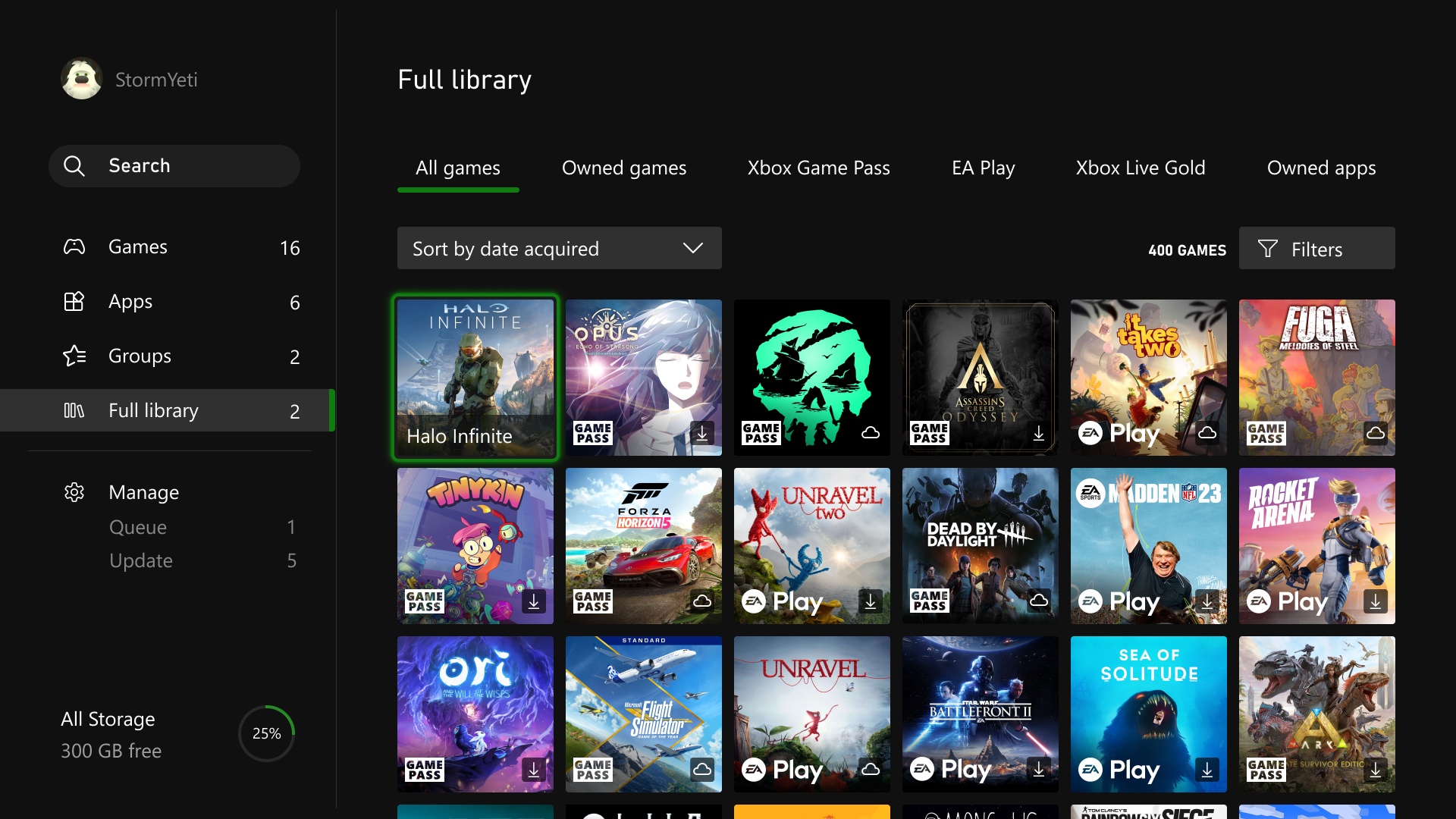 The full library view on an Xbox console