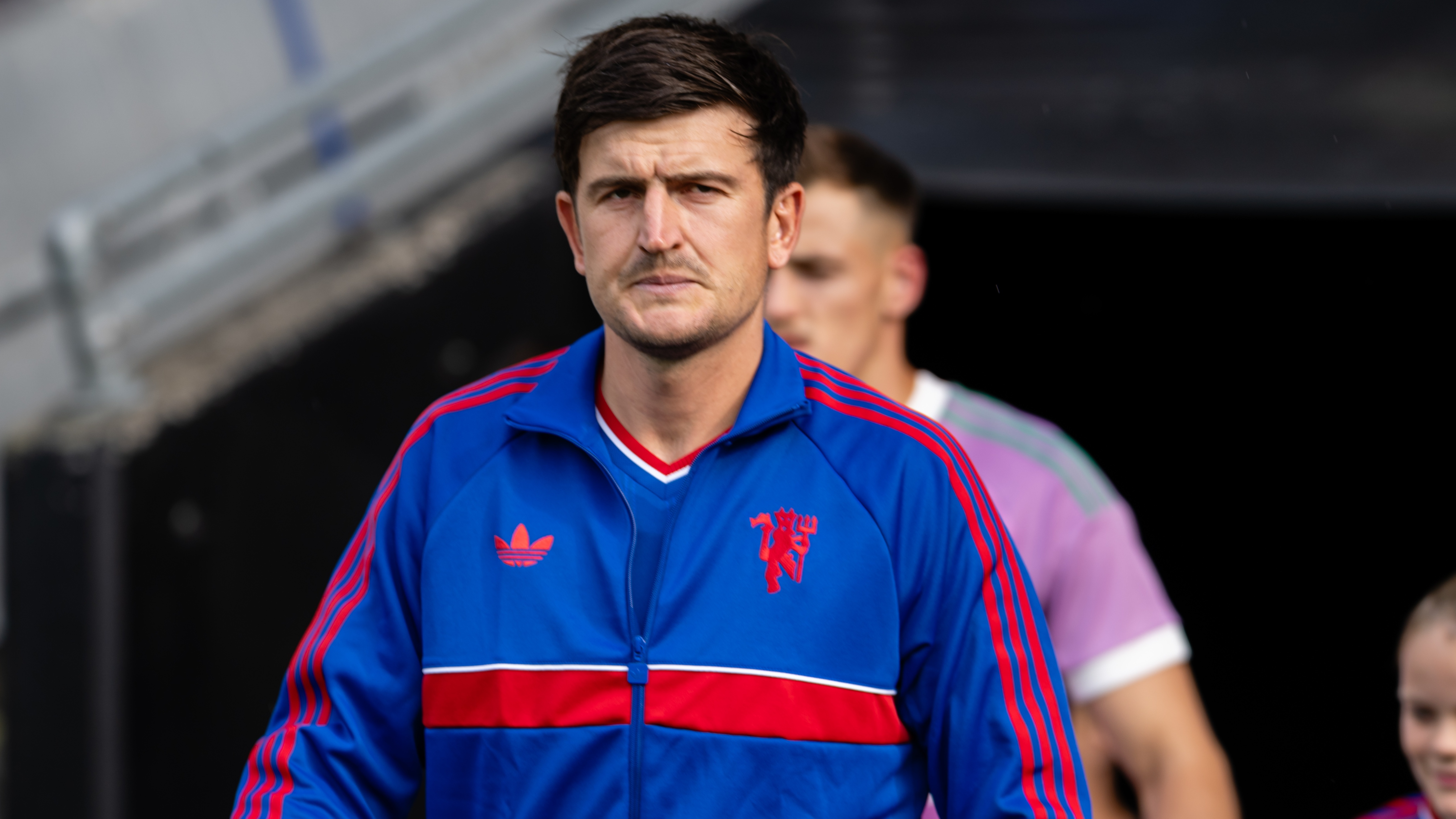 Harry Maguire of Manchester United walks out ahead of the during the pre-season friendly match between Rosenborg and Manchester United at Lerkendal Stadion on July 24, 2026 in Trondheim, Norway