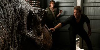 Jurassic World: Fallen Kingdom Claire and Owen facing down a tranquilized T-Rex