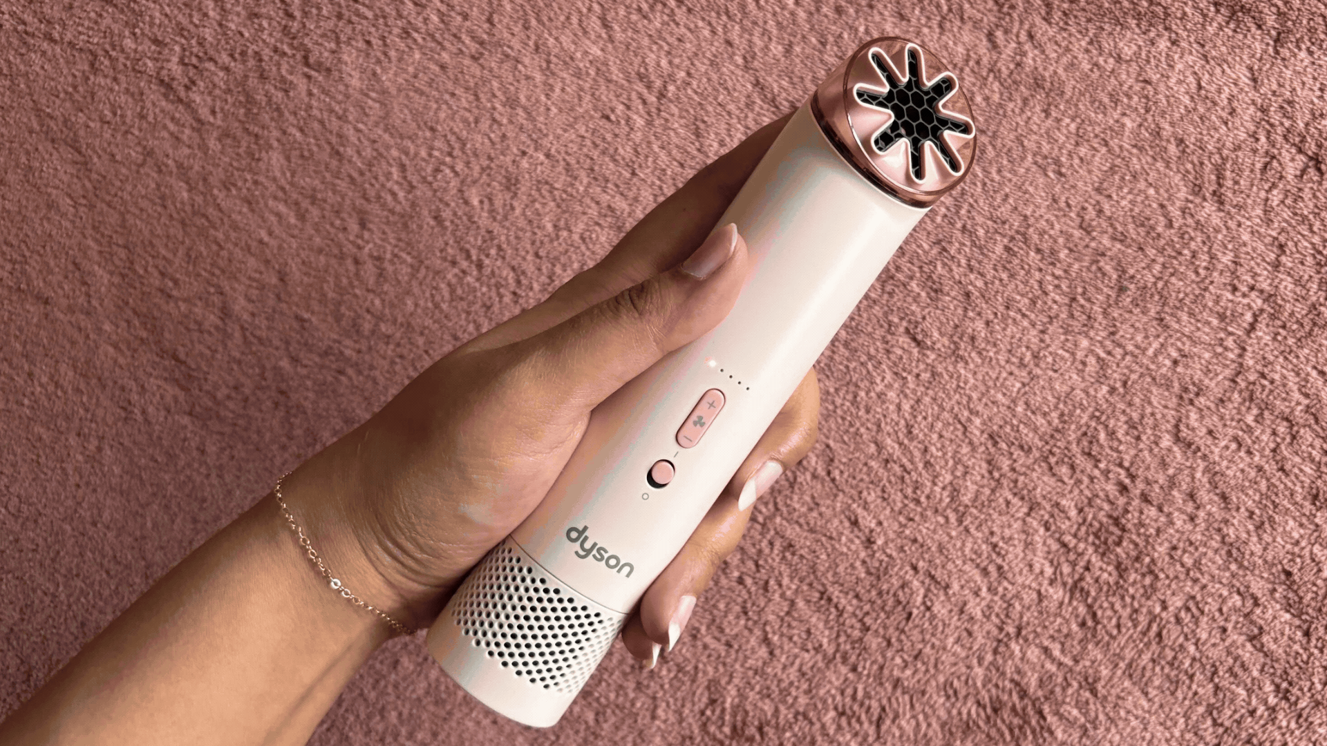 A GIF of the Dyson HushJet Mini Cool Fan in pale pink