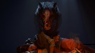 Diablo 4 cutscene still of a wolf with a skeletal face looming over a young girl