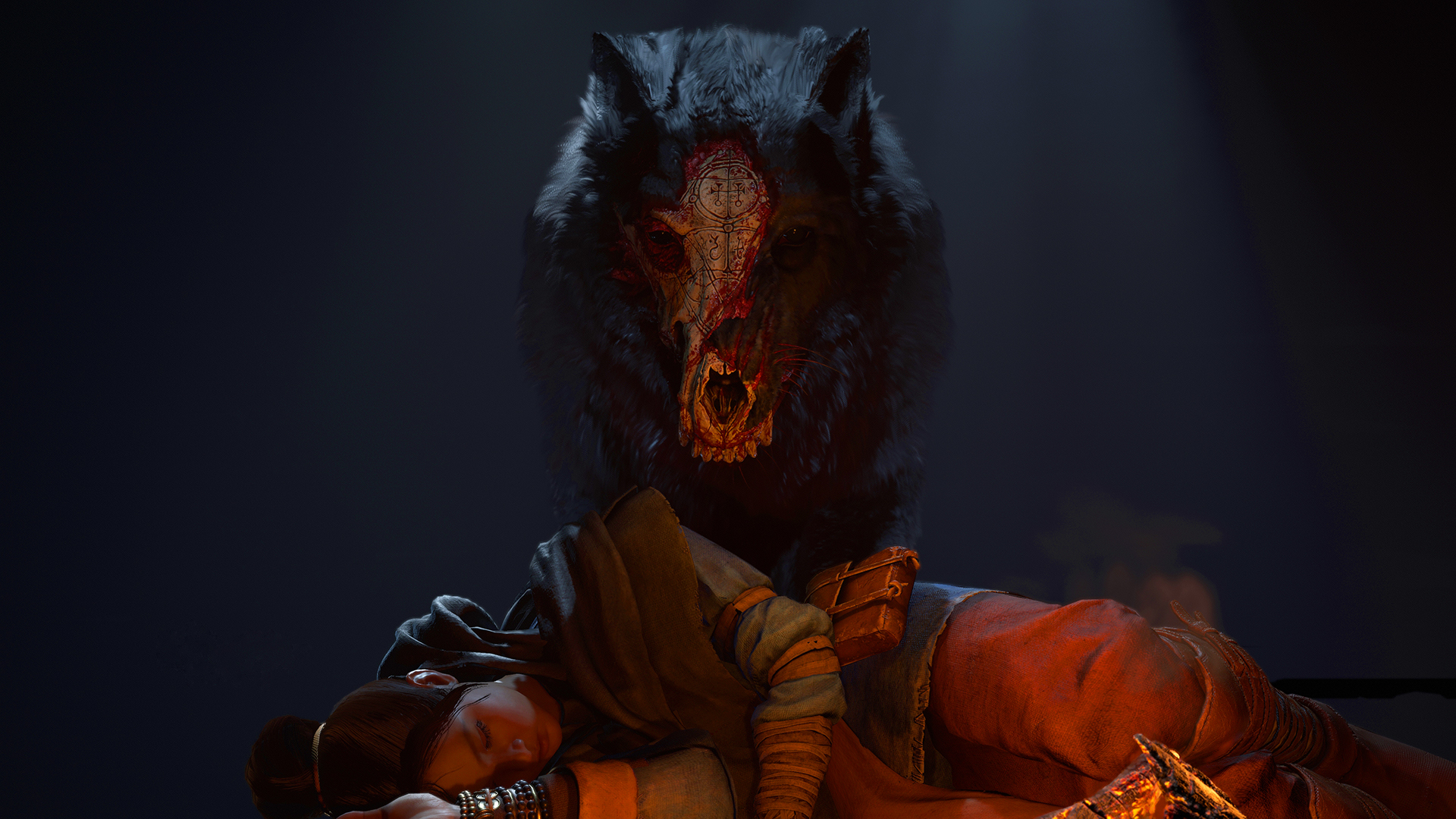 Diablo 4 cutscene still of a wolf with a skeletal face looming over a young girl