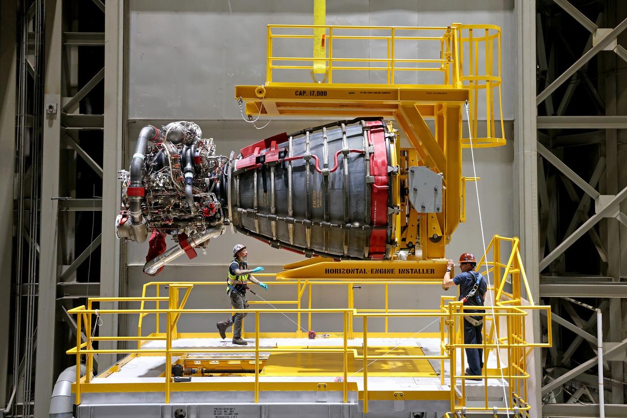 Technicians prepare the first of four RS-25 engines for Artemis 2, that will power the core stage of the Space Launch System rocket, in September 2023.