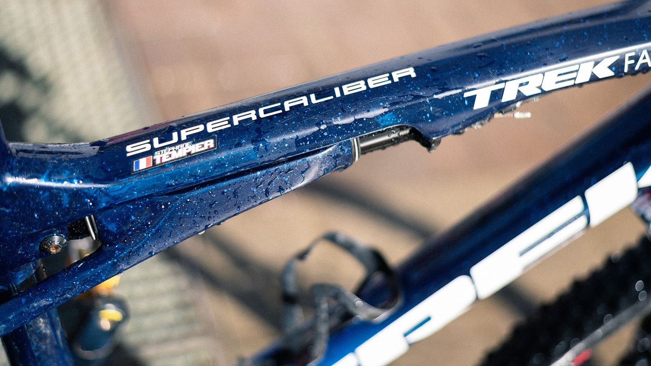 Name and nationality on the top tube, contrasting with Trek's fantastic Factory Racing sparkle colorway