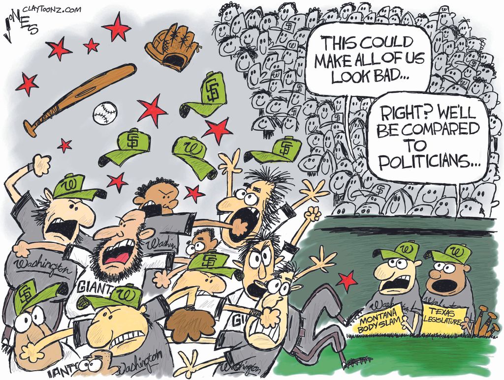 Political cartoon U.S. MLB baseball Giants Nationals fight Montana body ...