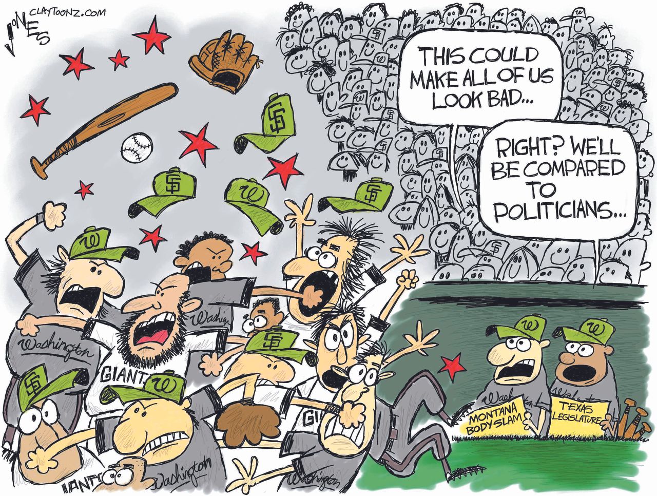 Political cartoon U.S. MLB baseball Giants Nationals fight Montana body slam Texas