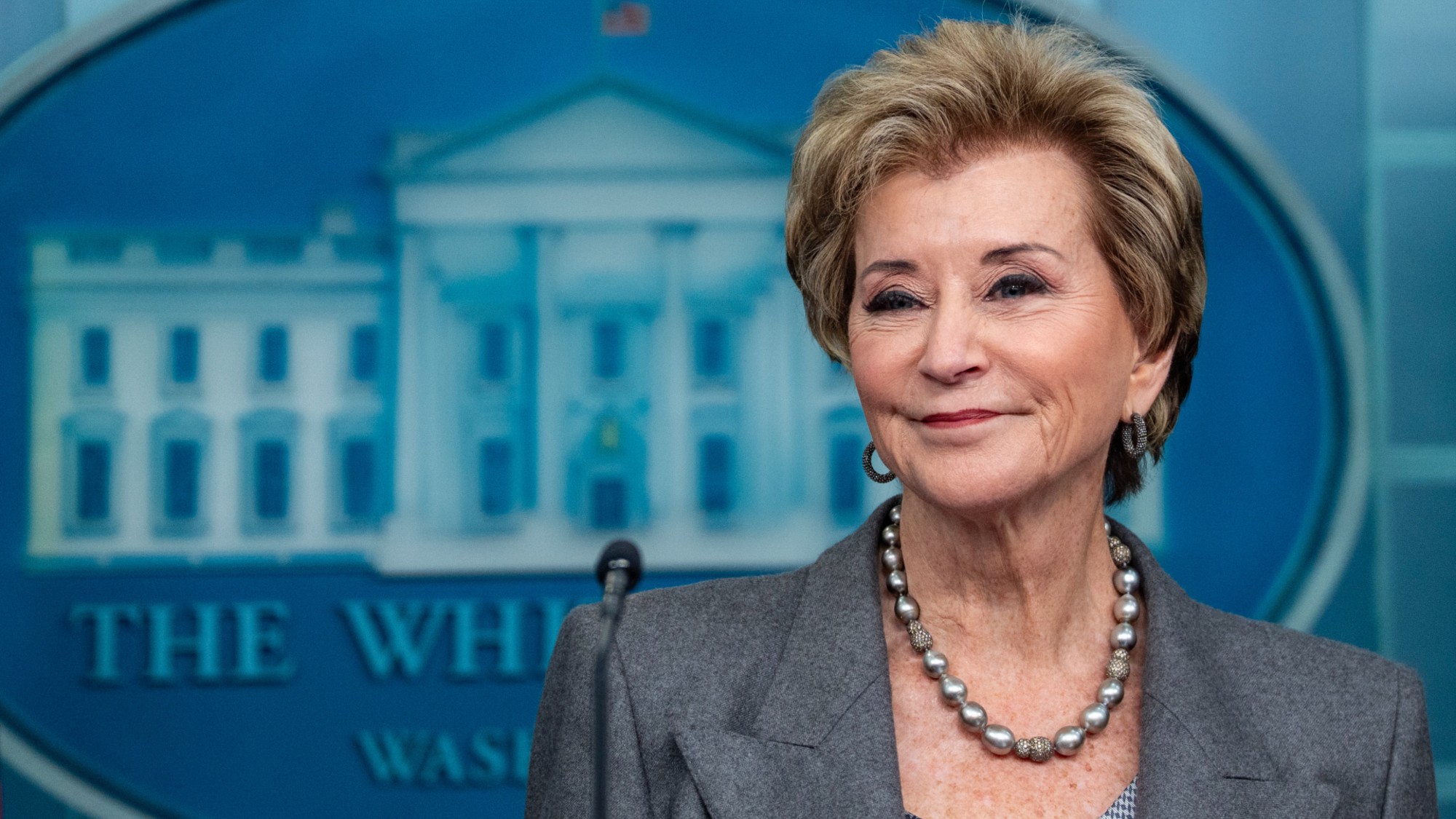 Education Secretary Linda McMahon at a news conference to discuss plans to greatly reduce her department's authority by reallocating programs to other agencies.