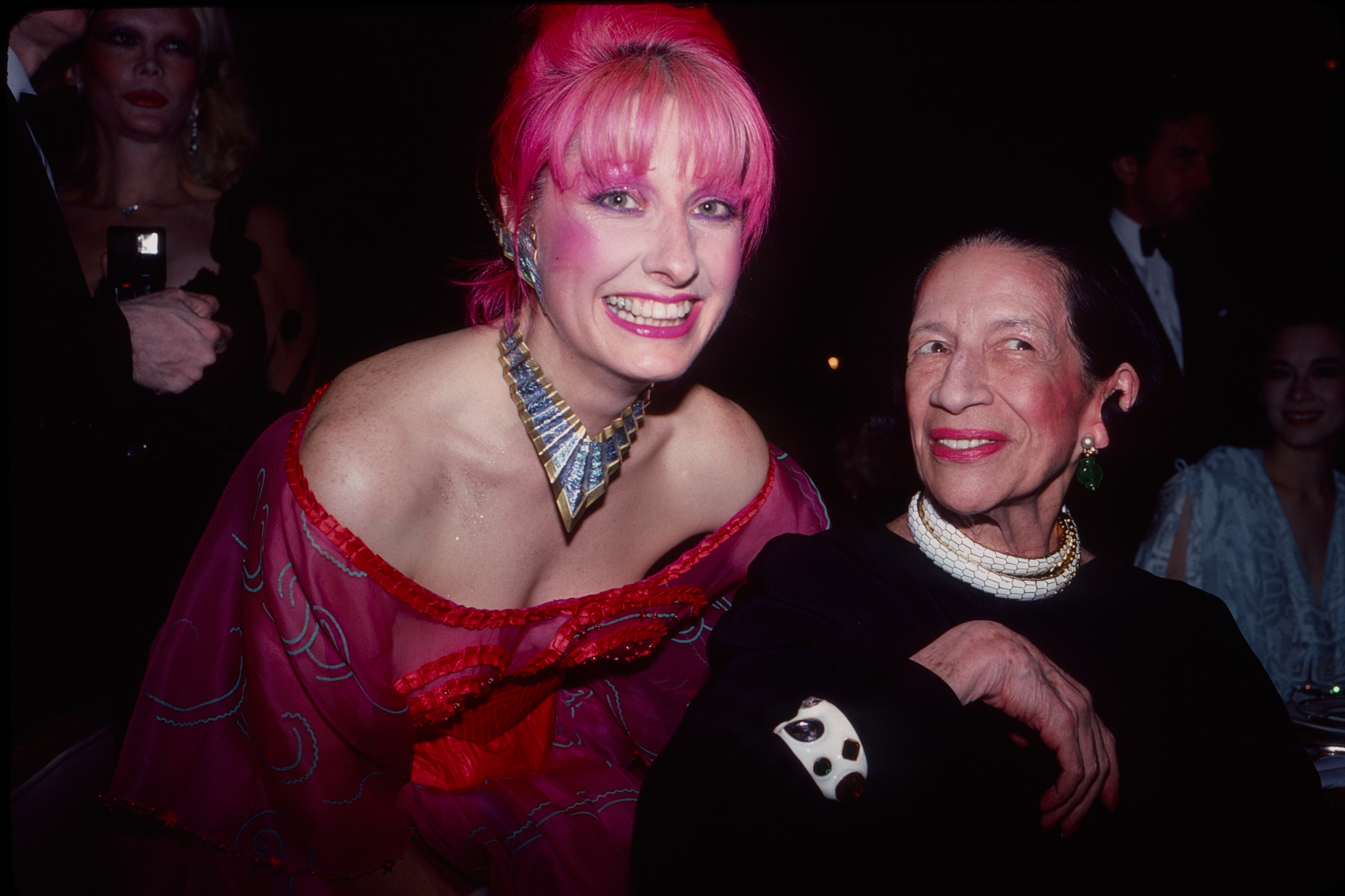 Zandra Rhodes and French-born American fashion editor Diana Vreeland pose together at the Costume Institute Gala at the Metropolitan Museum of Art (or the Met Gala) in 1982