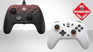 A GameSir Nova Lite and Gamesir G7 Pro pair of controllers against a coloured background with a PC Gamer recommended logo