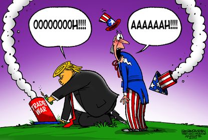 Political Cartoon U.S. Fourth of July fireworks Trump trade war