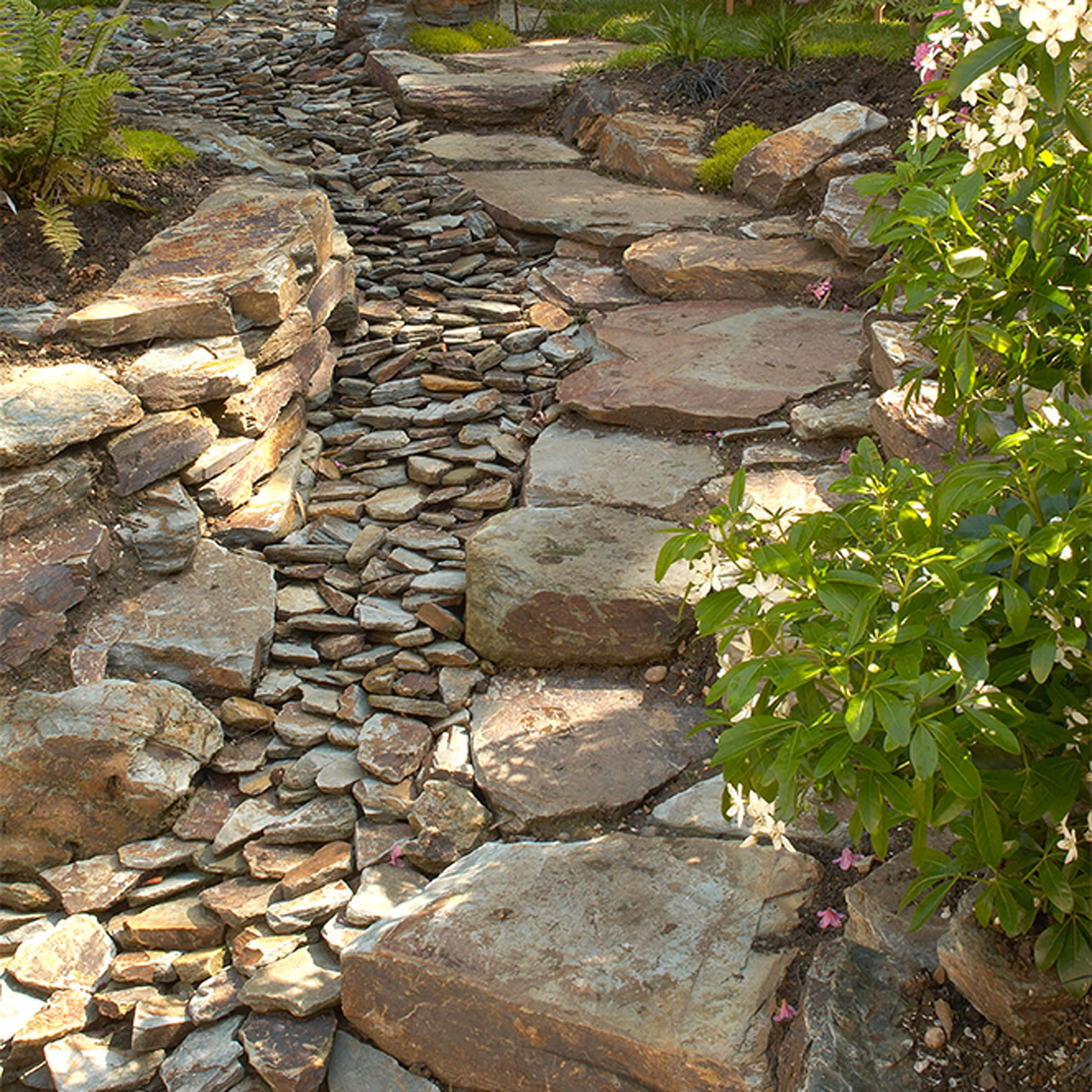 rockery with stone edging on garden path