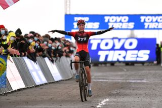 Annemarie Worst of The Netherlands and Team 777 celebrates winning the 50th Koksijde UCI Cyclo-Cross World Cup